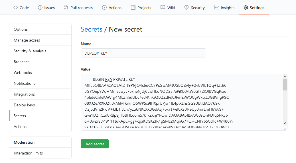Adding the DEPLOY_KEY secret